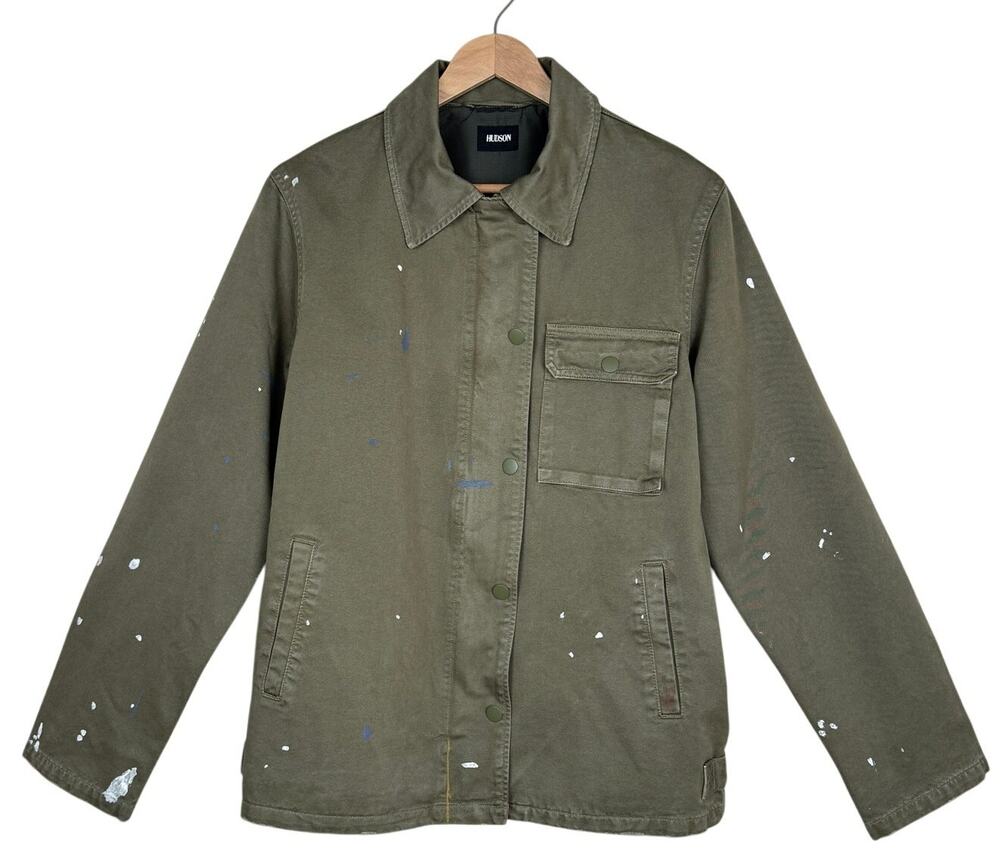 Hudson Military Jacket Distressed Paint Army Olive Workwear Regular Fit SM